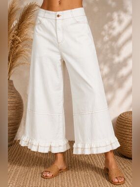 Boho Ruffle Hem Wide Leg Denim Pants | Cream | SM146
